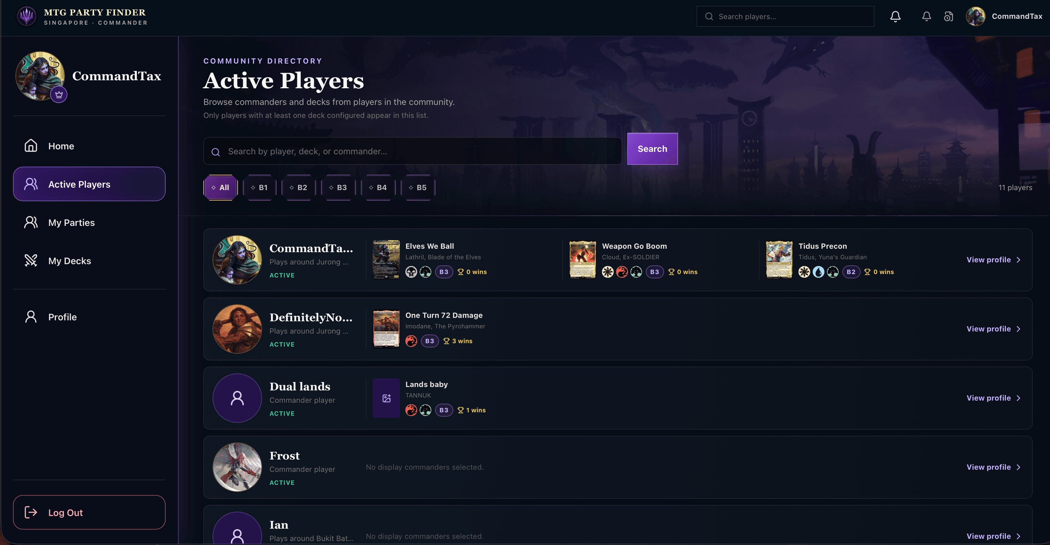 Active player directory with Commander decks and community profiles