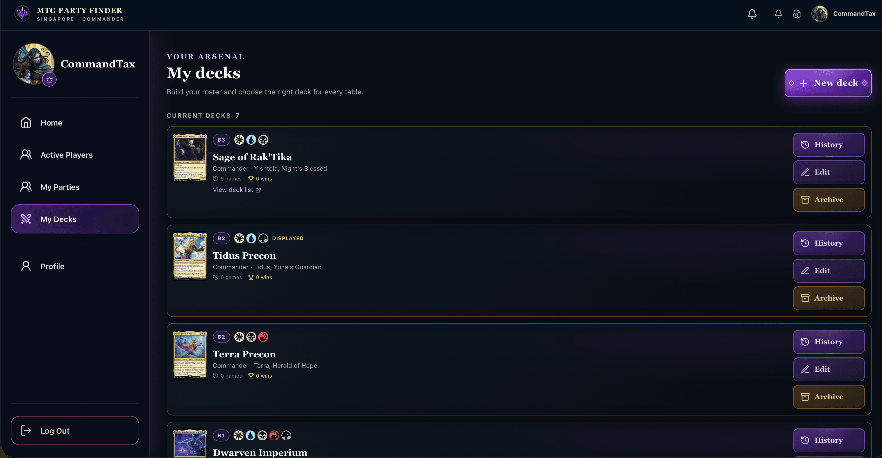 Deck arsenal showing Commander deck profiles, brackets, and game records