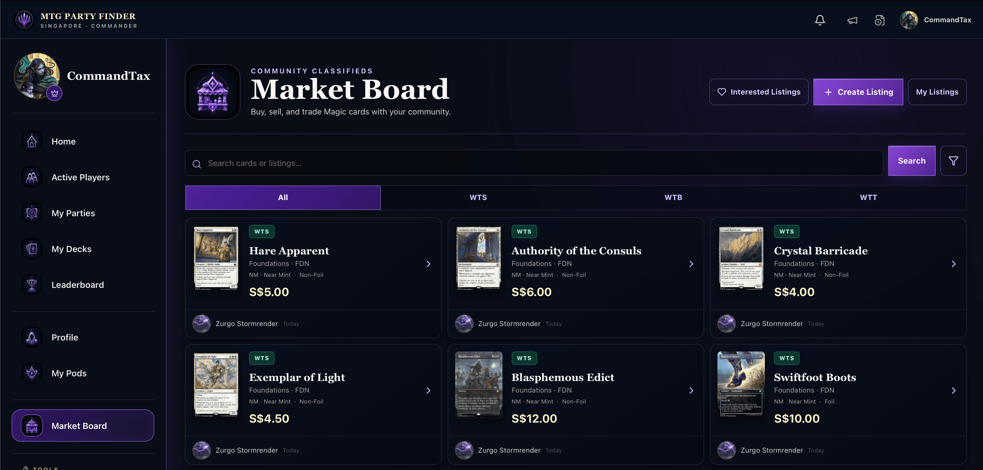 Market Board showing Magic cards listed for sale by local players