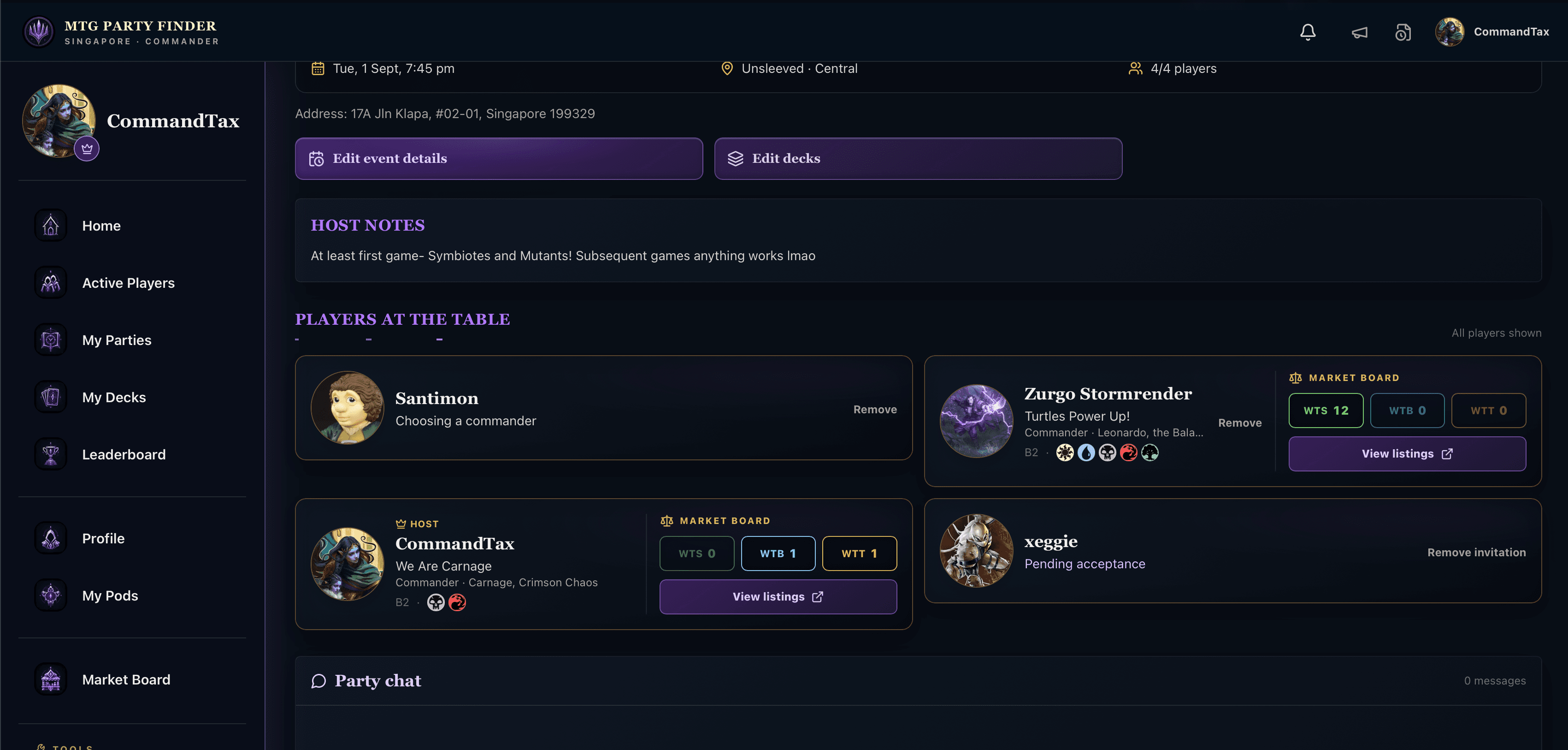 Commander Party page showing each player's Market Board listings and links to view their trade binders