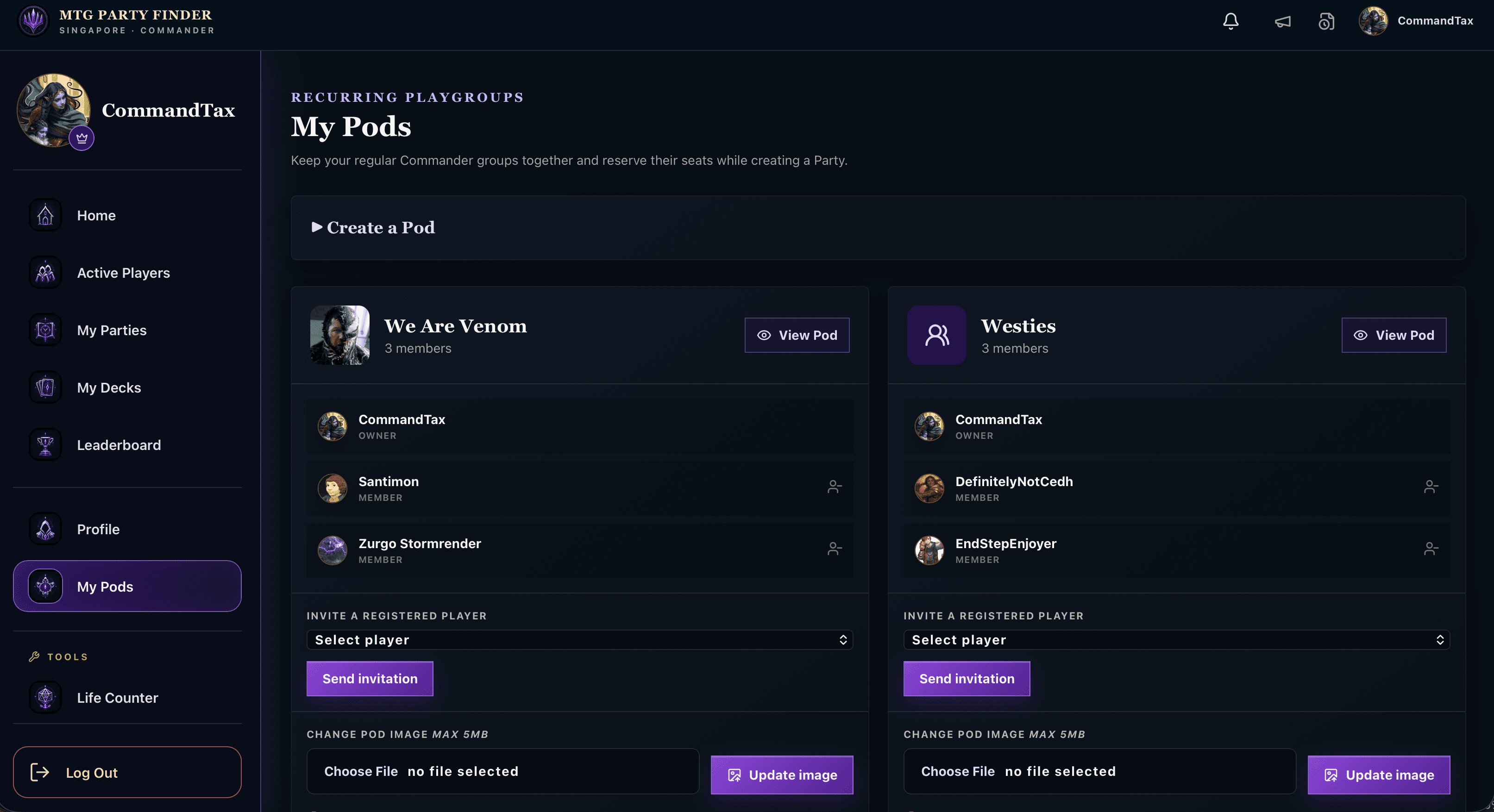 My Pods page showing recurring Commander playgroups, members, and invitations