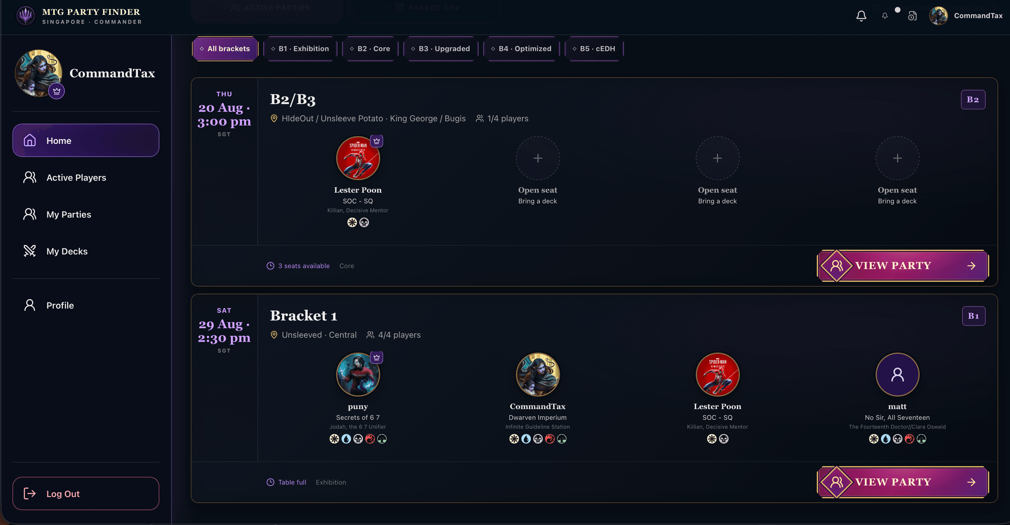 MTG Party Finder game browser
