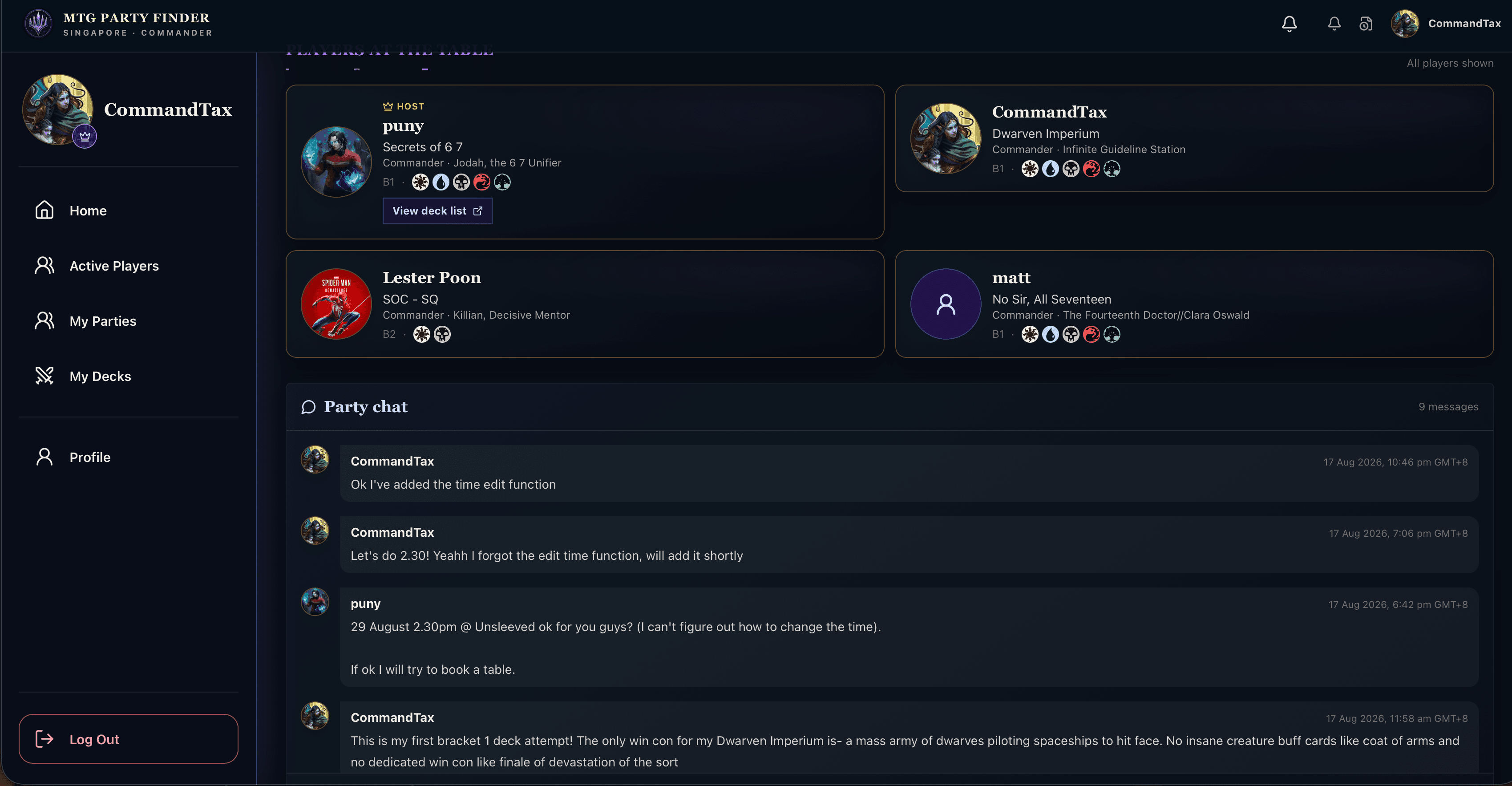 Commander party page showing players, decks, and party chat