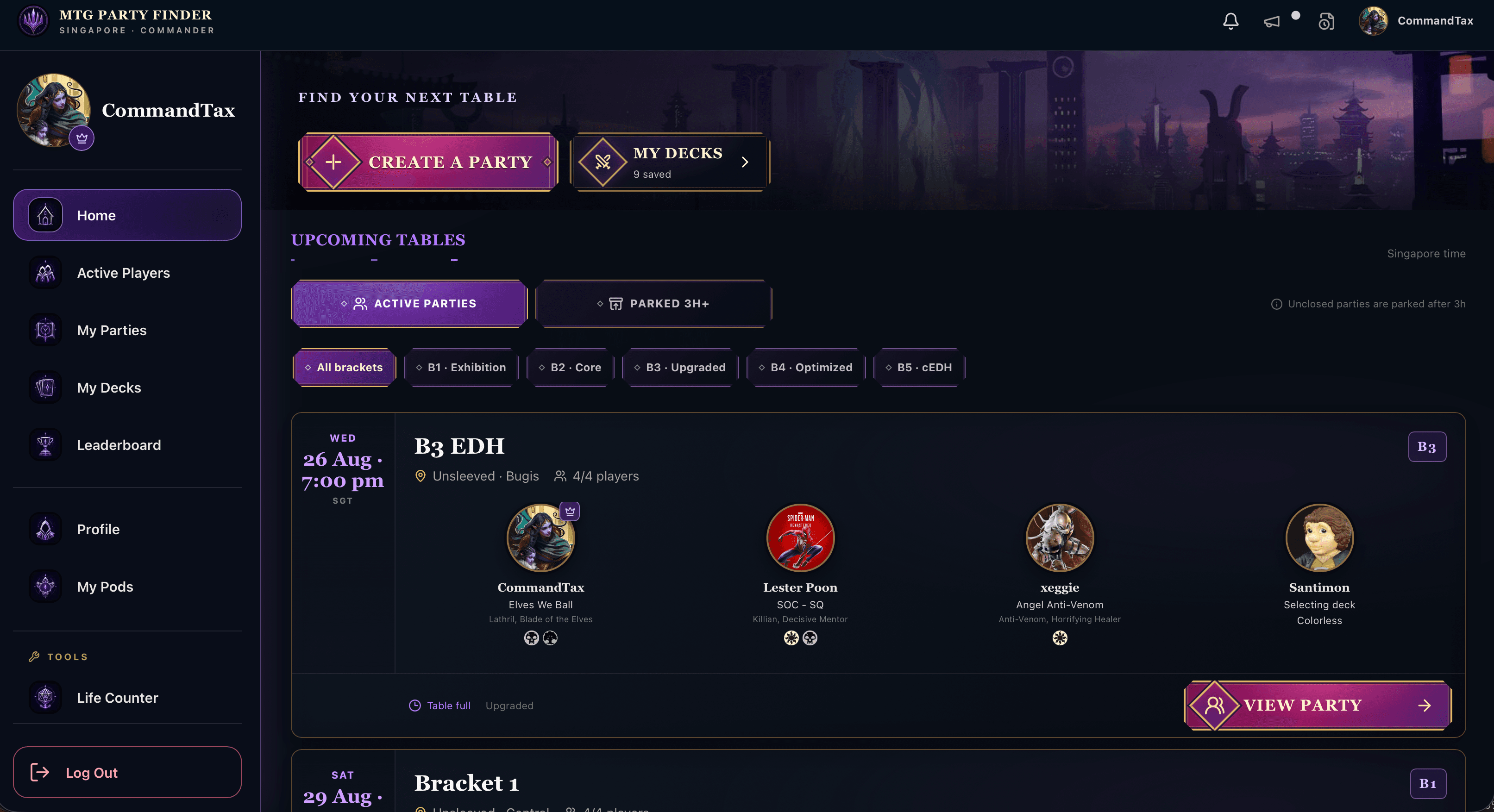 MTG Party Finder showing upcoming Commander tables and players